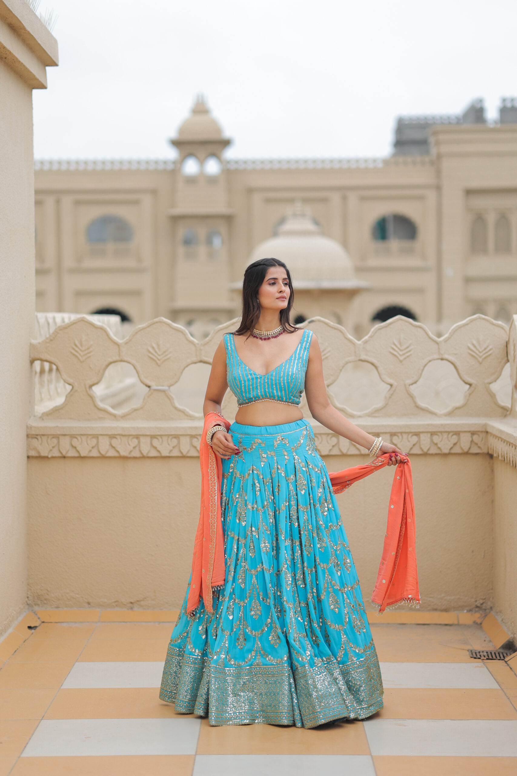 Turquoise Blue Foil Work Lehenga Set with Orange Dupatta