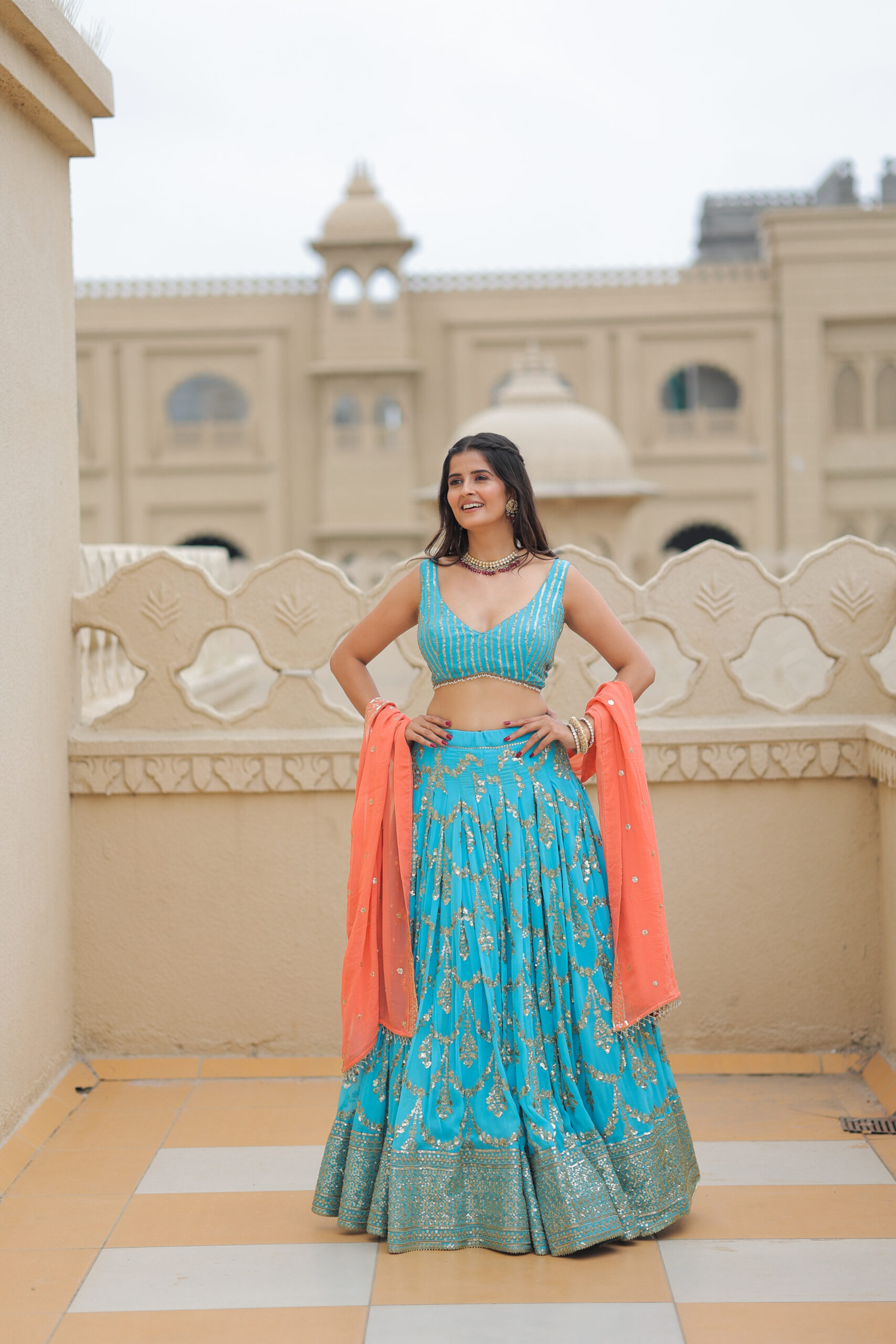 Turquoise Blue Foil Work Lehenga Set with Orange Dupatta