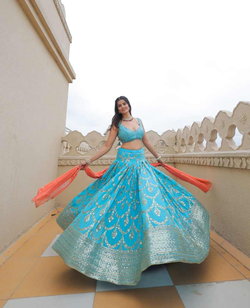 Turquoise Blue Foil Work Lehenga Set with Orange Dupatta