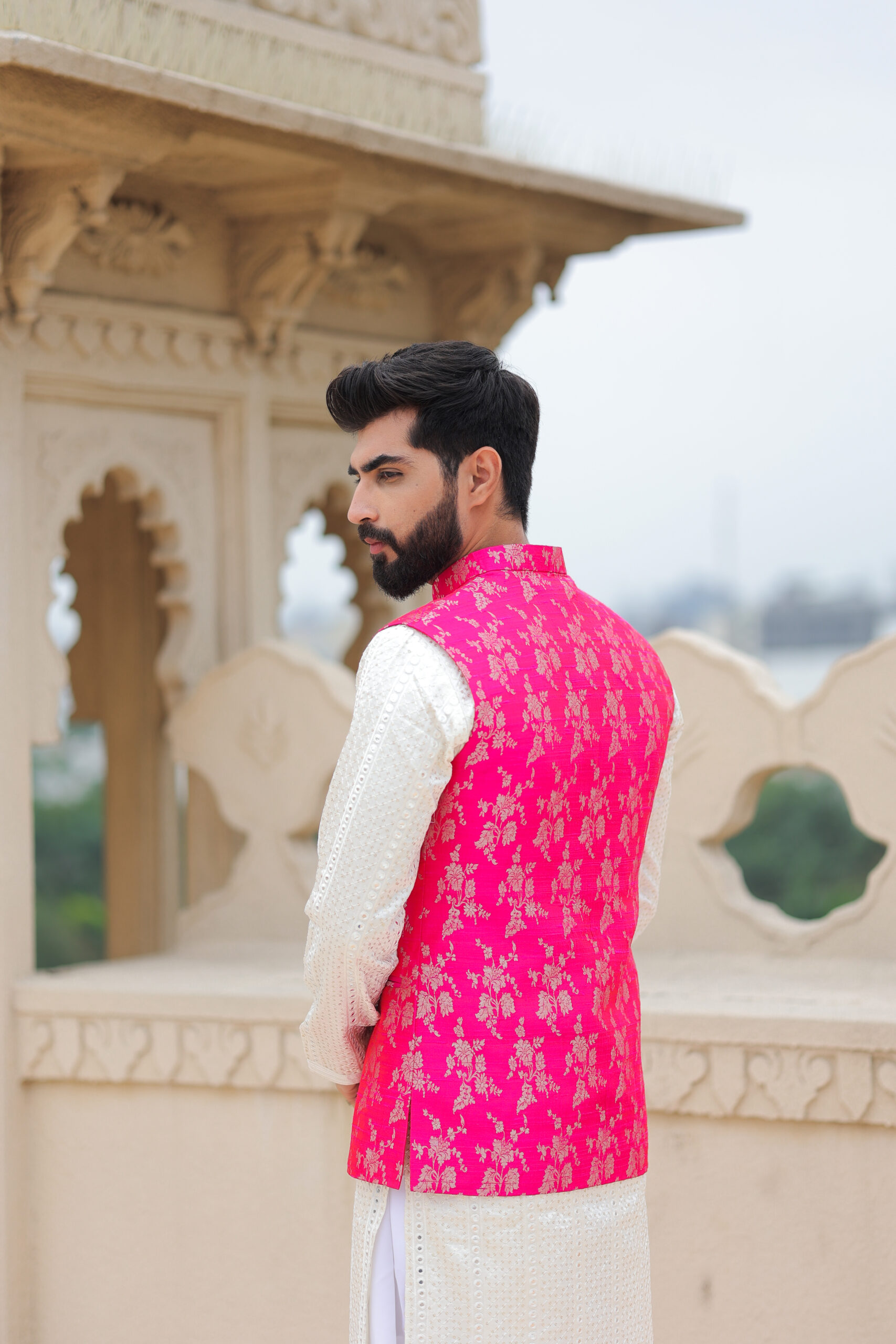 Off-White Kurta Set with Pink Coti