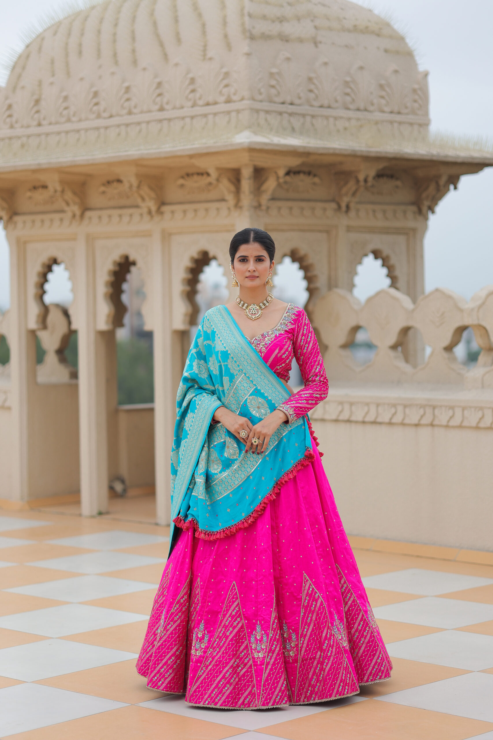 Pink-Blue Raw Silk Lehenga Set with Patchwork Elegance