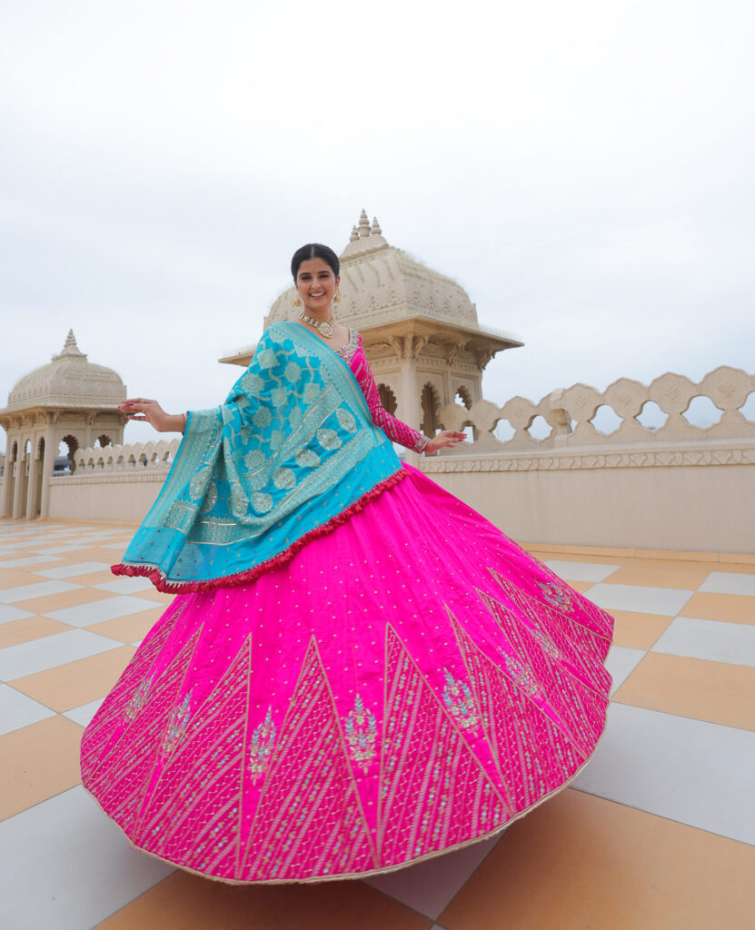 Pink-Blue Raw Silk Lehenga Set with Patchwork Elegance