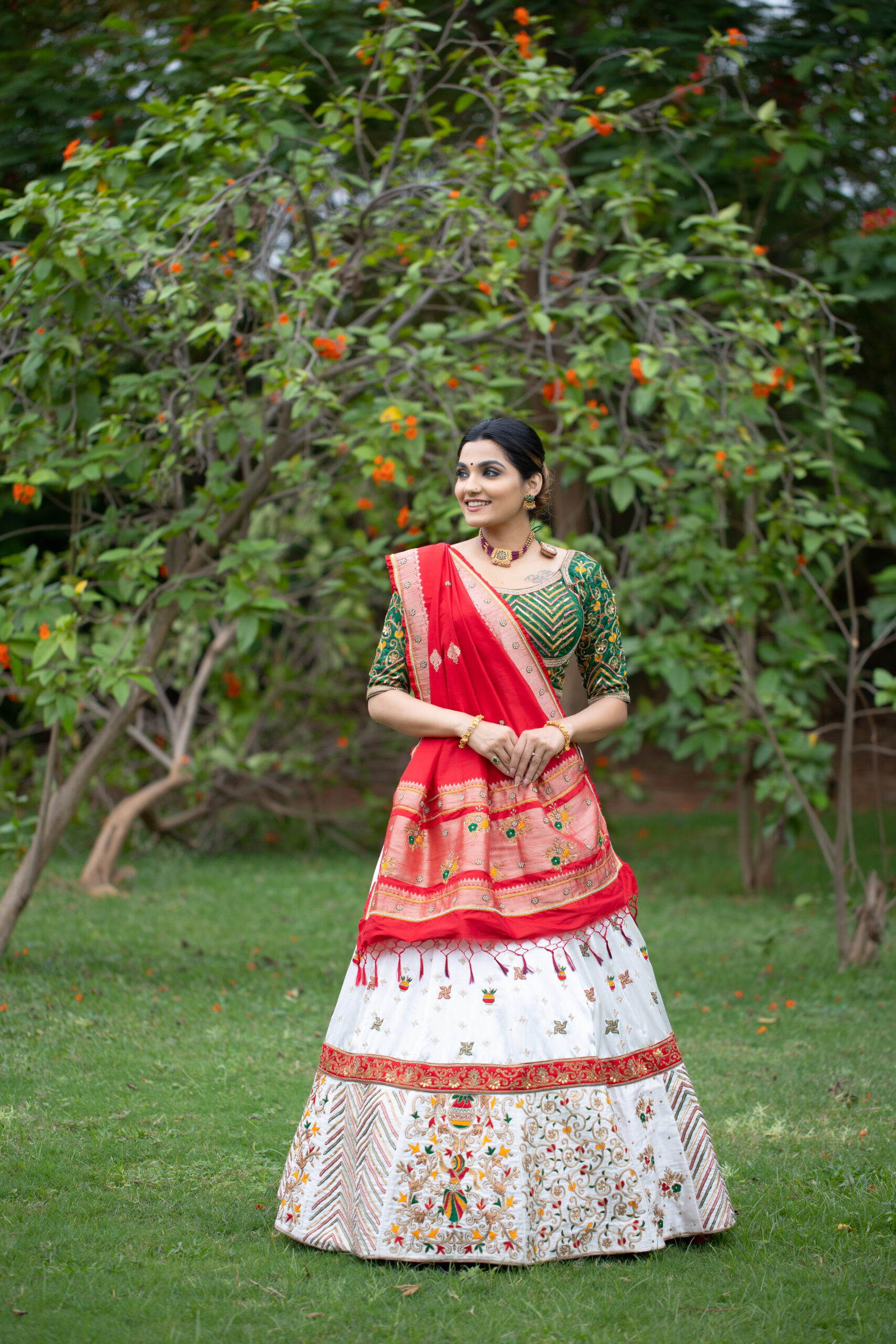 White Gaji Silk Chaniya Choli with 6 Meters Flair