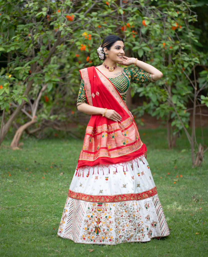 White Gaji Silk Chaniya Choli with 6 Meters Flair