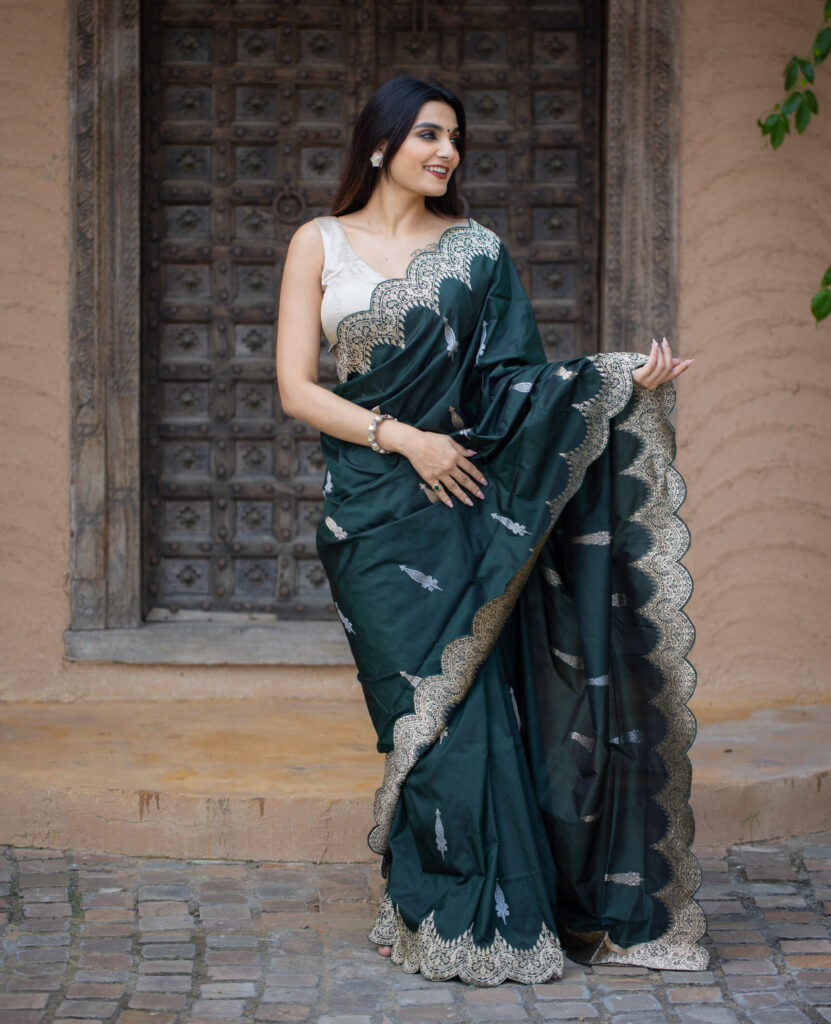 Green Banarasi Silk Saree with Silver Zari Work