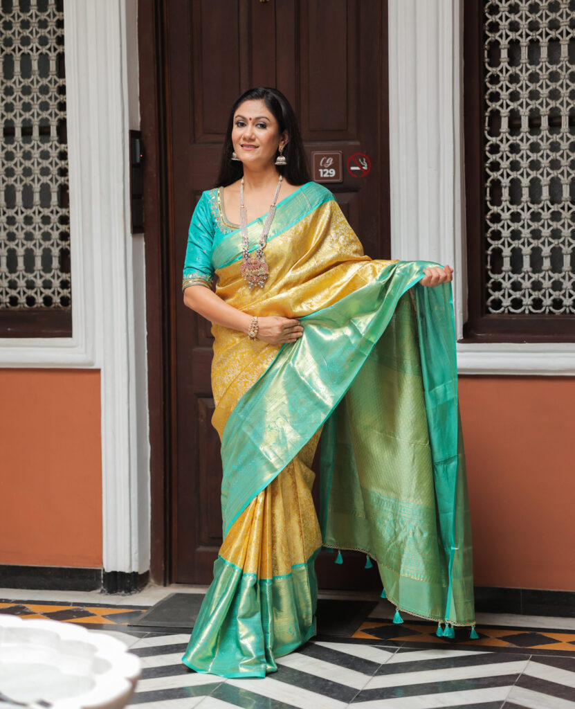 Gold & Sea Green Kanjeevaram Silk Saree