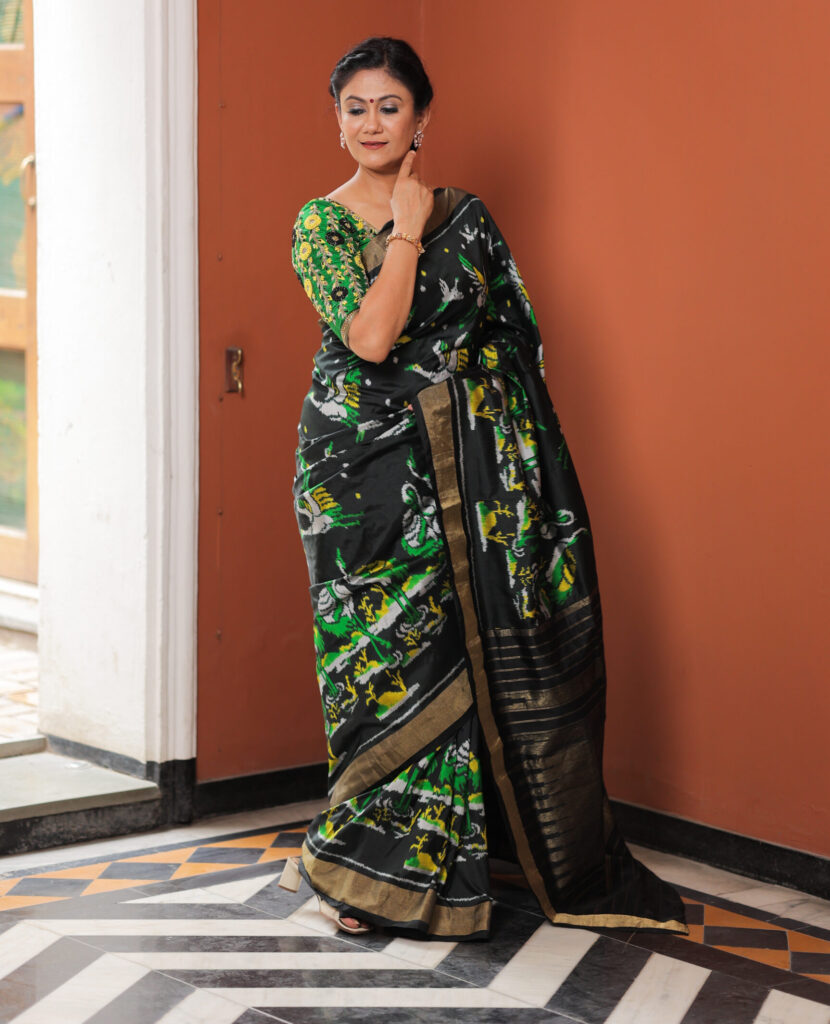 Black Ikat Silk Saree with Animal Motifs