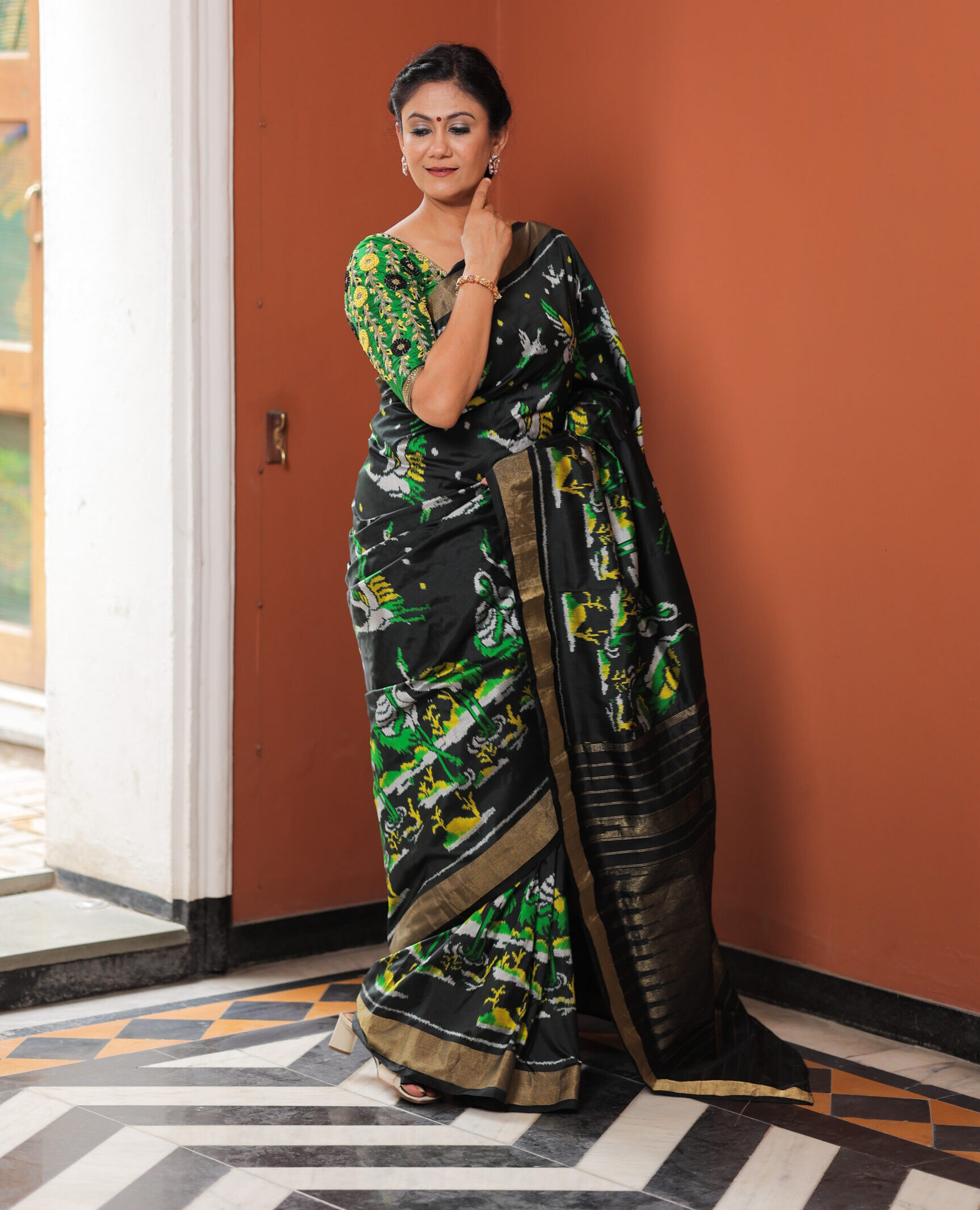 Black Ikat Silk Saree with Animal Motifs