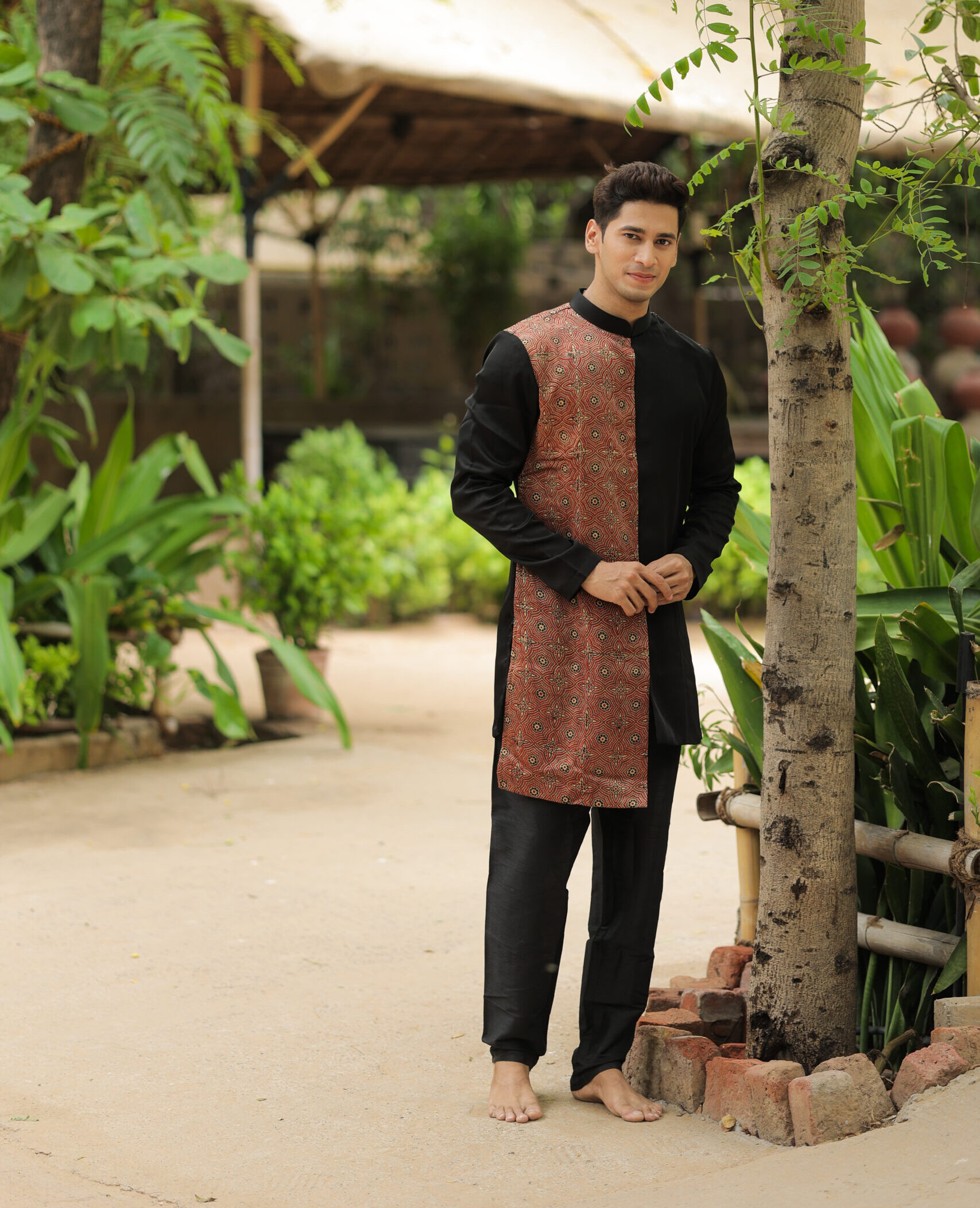 Black Kurta Set with Brown Work for Men