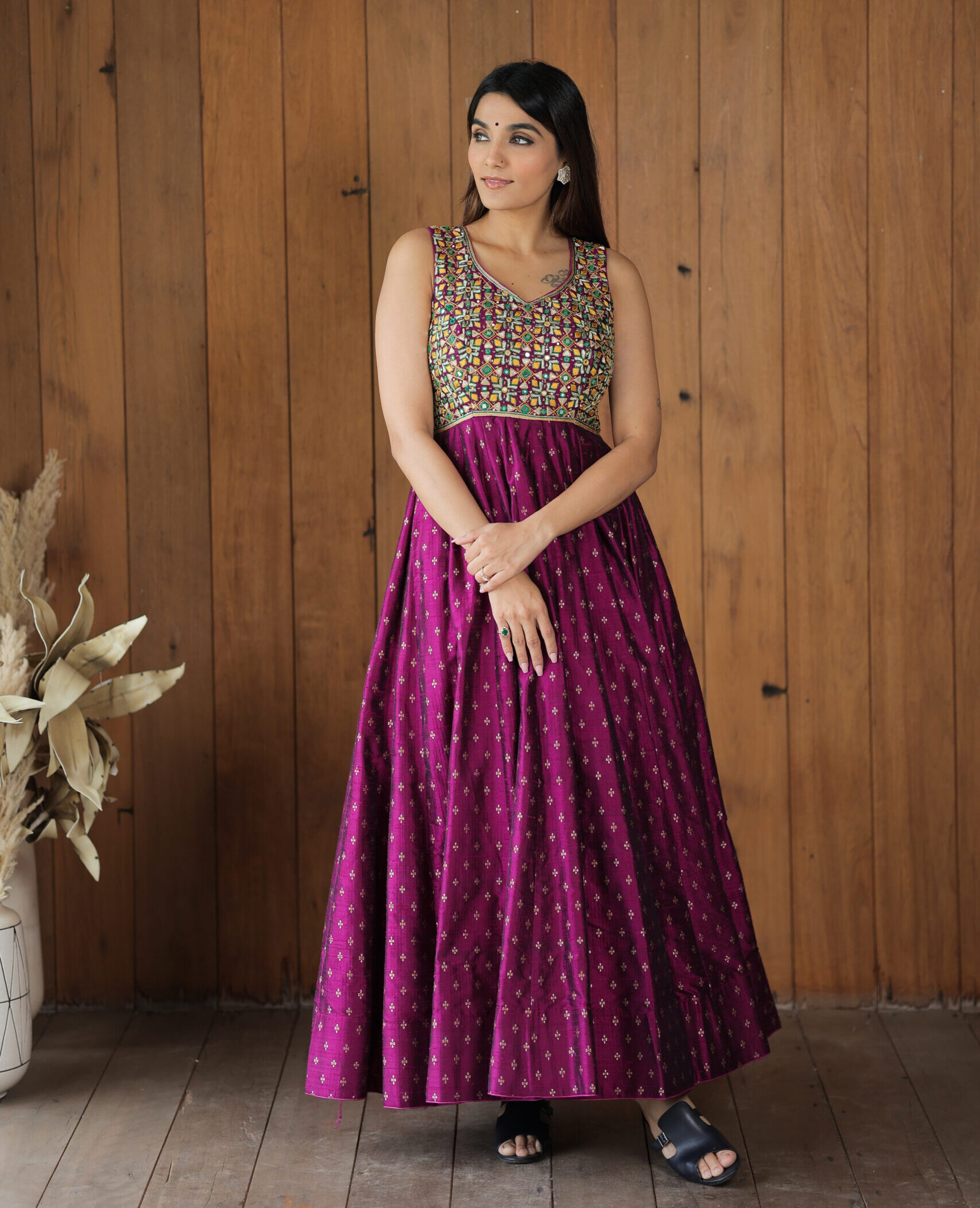 Magenta pink Raw Silk Anarkali with 5-Meter Flair