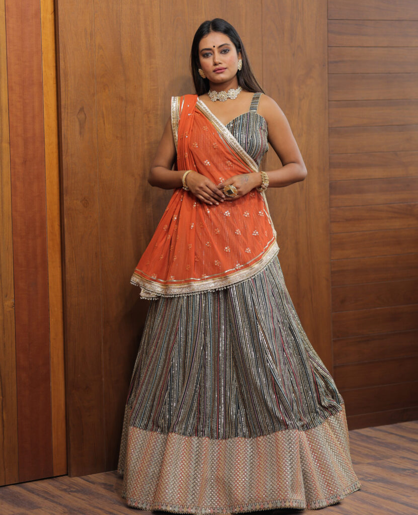 Grey-Orange Lehenga Set with Traditional Charm