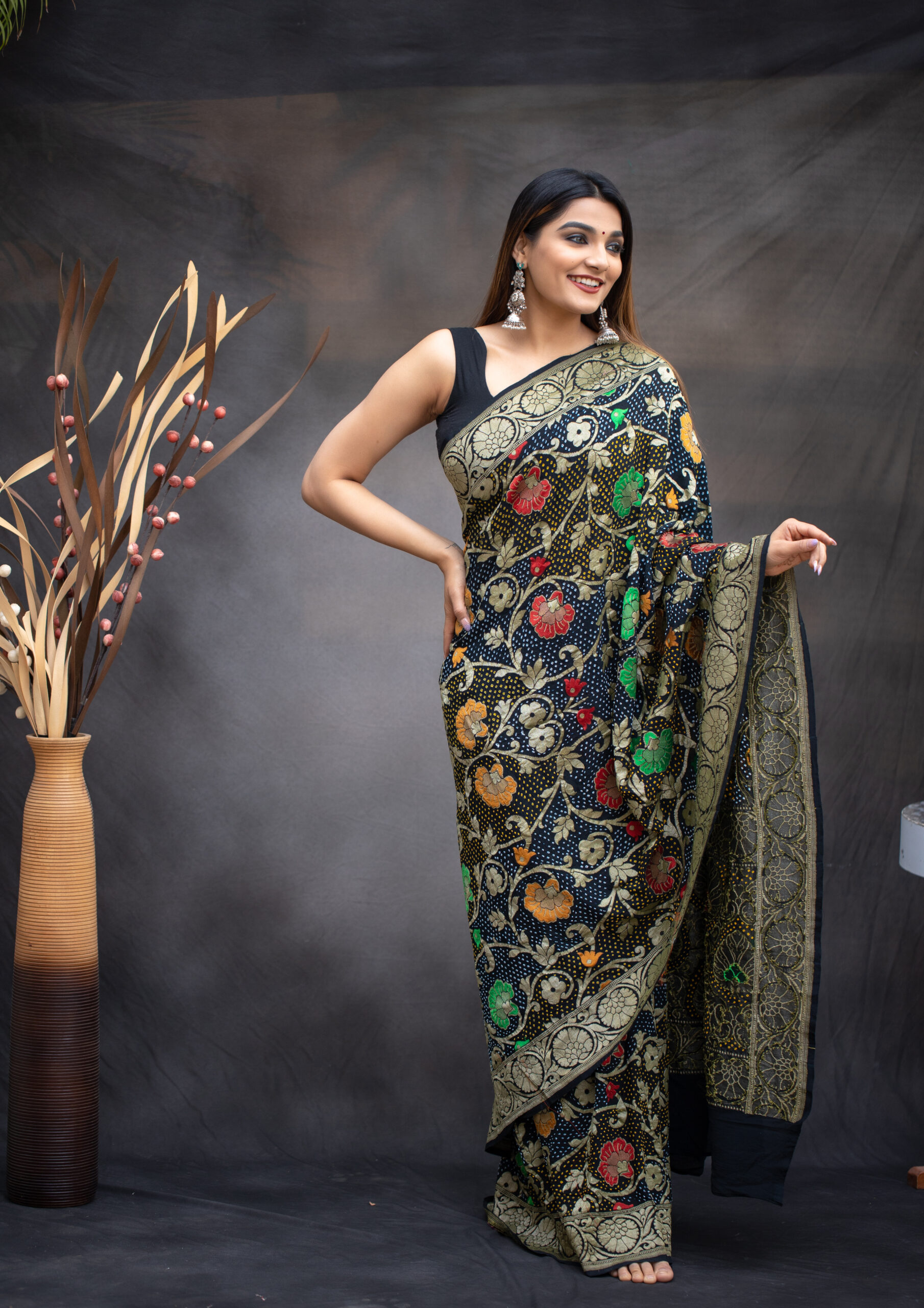 Black Banarasi Silk Saree with Multicolour Zari Weave