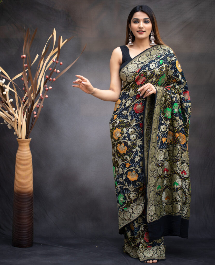 Black Banarasi Silk Saree with Multicolour Zari Weave