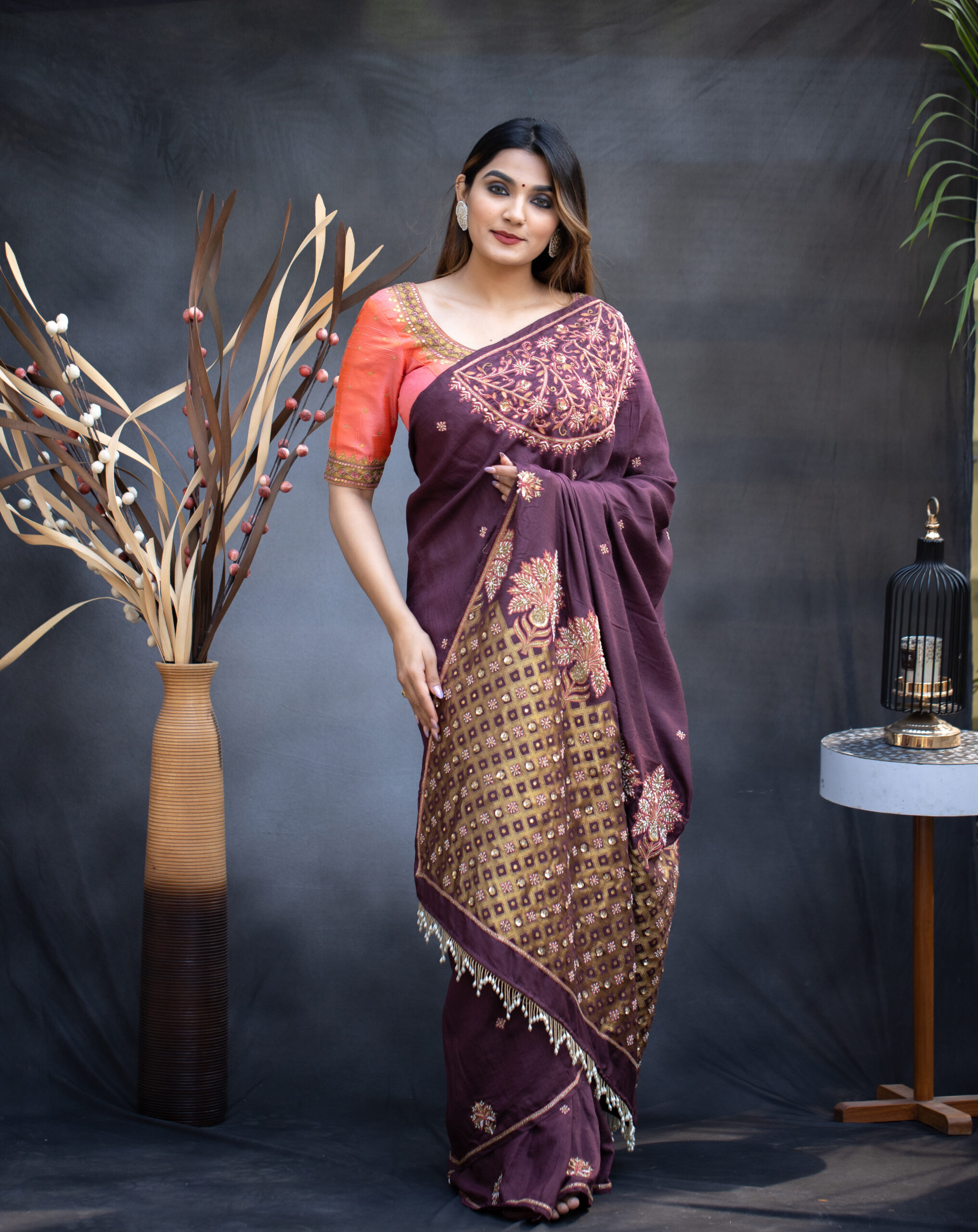 Maroon Pure Munga Silk Saree with Intricate Handwork