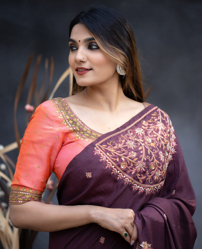 Maroon Pure Munga Silk Saree with Intricate Handwork