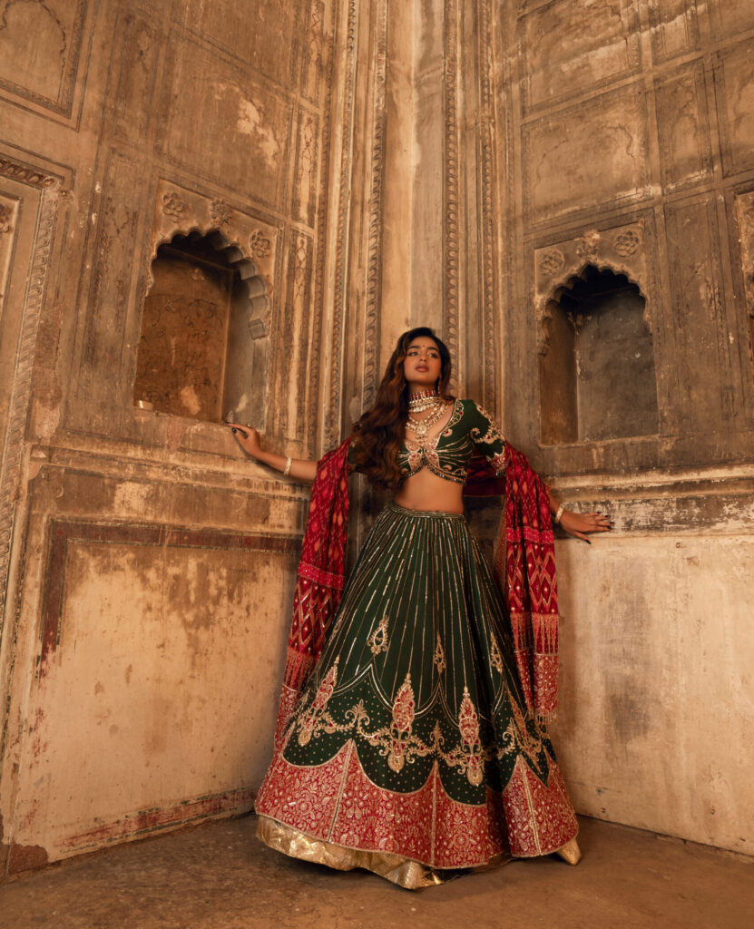 “Majestic Heritage” Bottle Green Semi-Bridal Lehenga Set