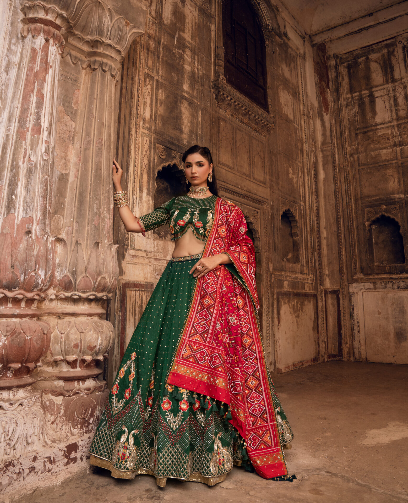 Emerald Green Raw Silk Peacock Embroidered Semi-Bridal Lehenga Set
