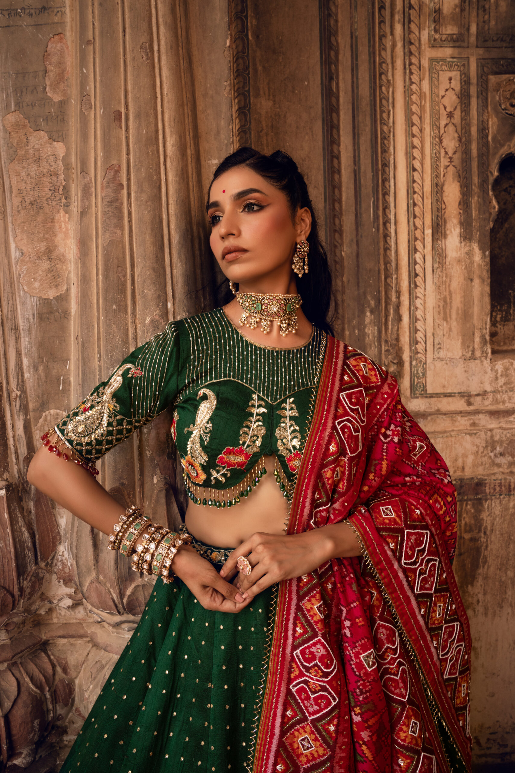 Emerald Green Raw Silk Peacock Embroidered Semi-Bridal Lehenga Set