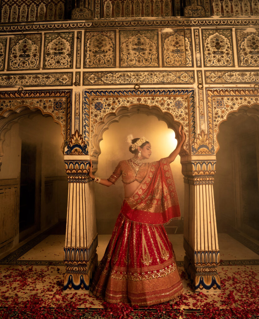 Regal Red Modal Silk Mukais Embroidered Bridal Lehenga Set