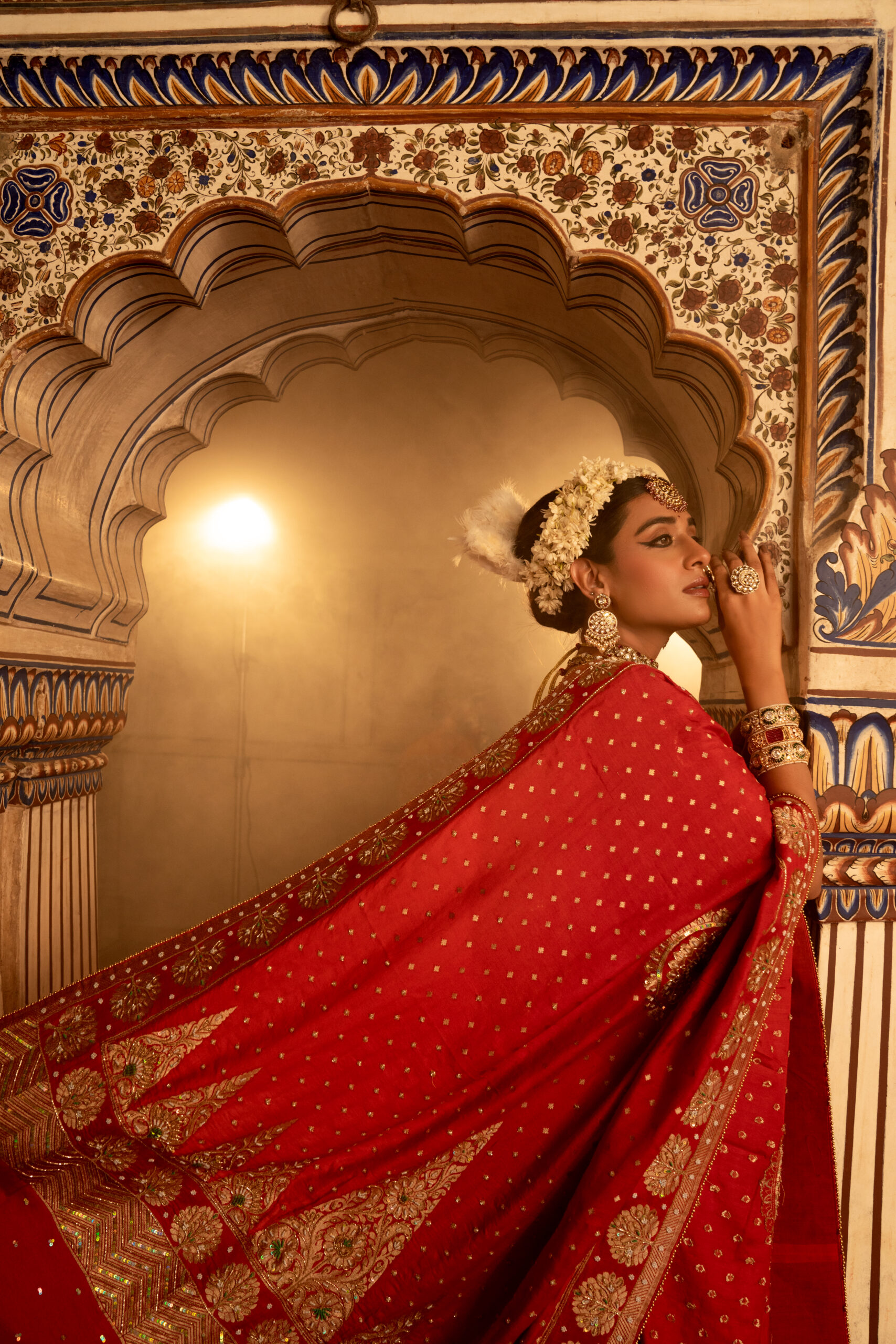 Regal Red Modal Silk Mukais Embroidered Bridal Lehenga Set