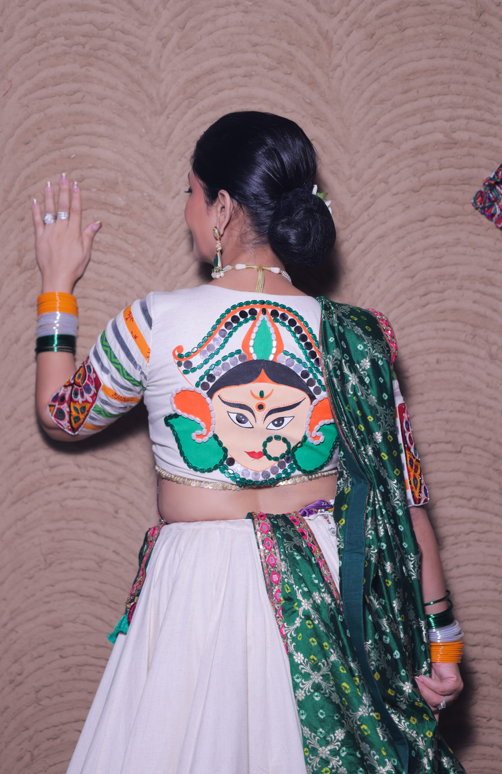 White & Green Handpainted Navratri Lehenga Set