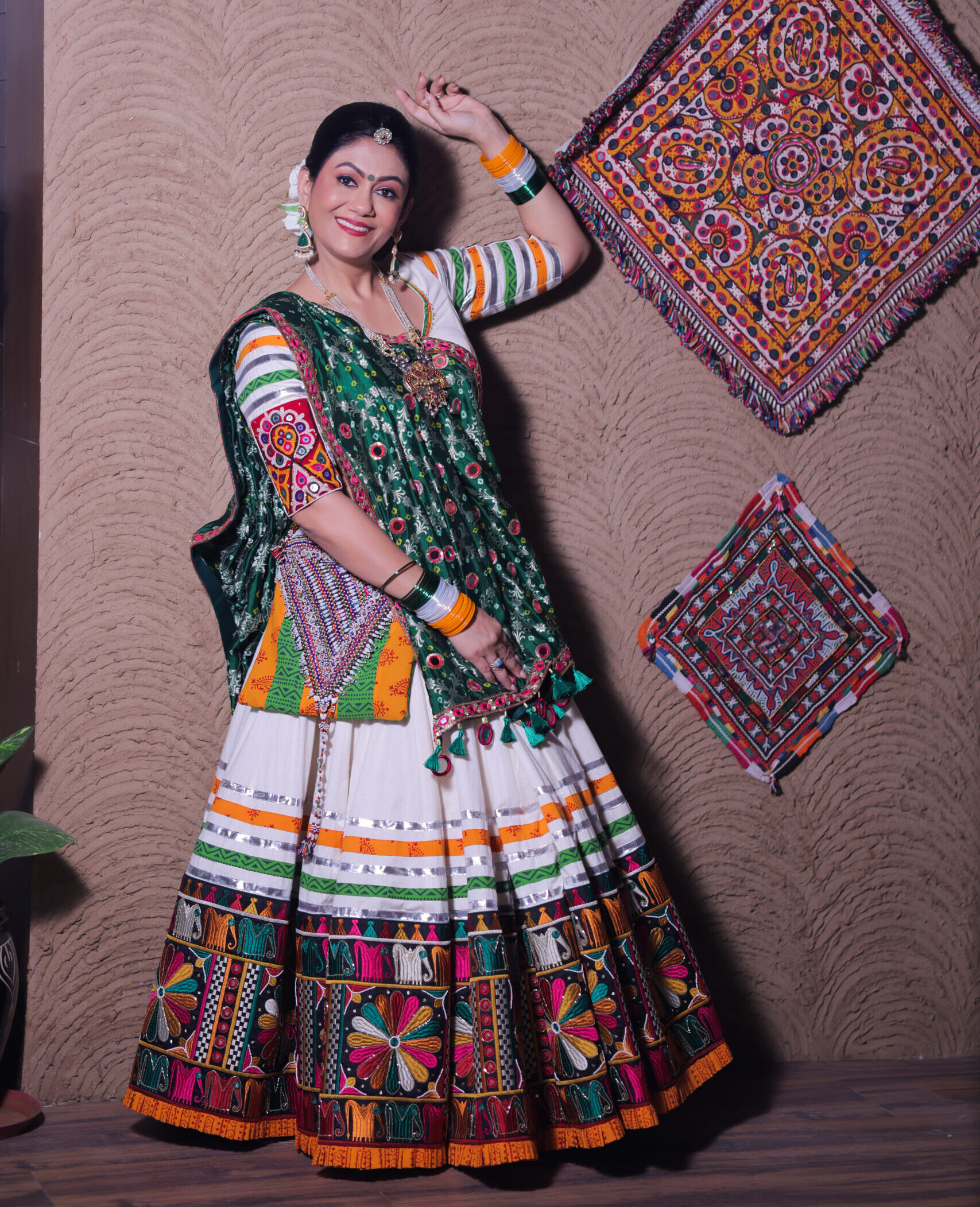 White & Green Handpainted Navratri Lehenga Set