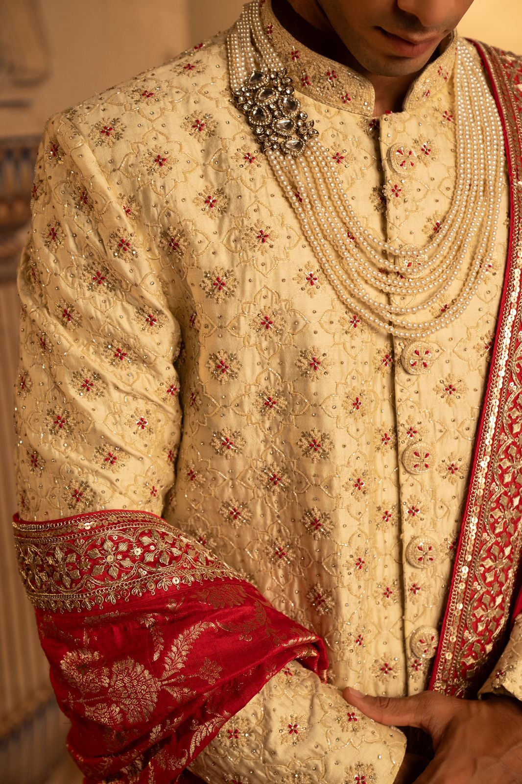 Ivory Pure Munga Silk Red Thread Embroidered Sherwani Set