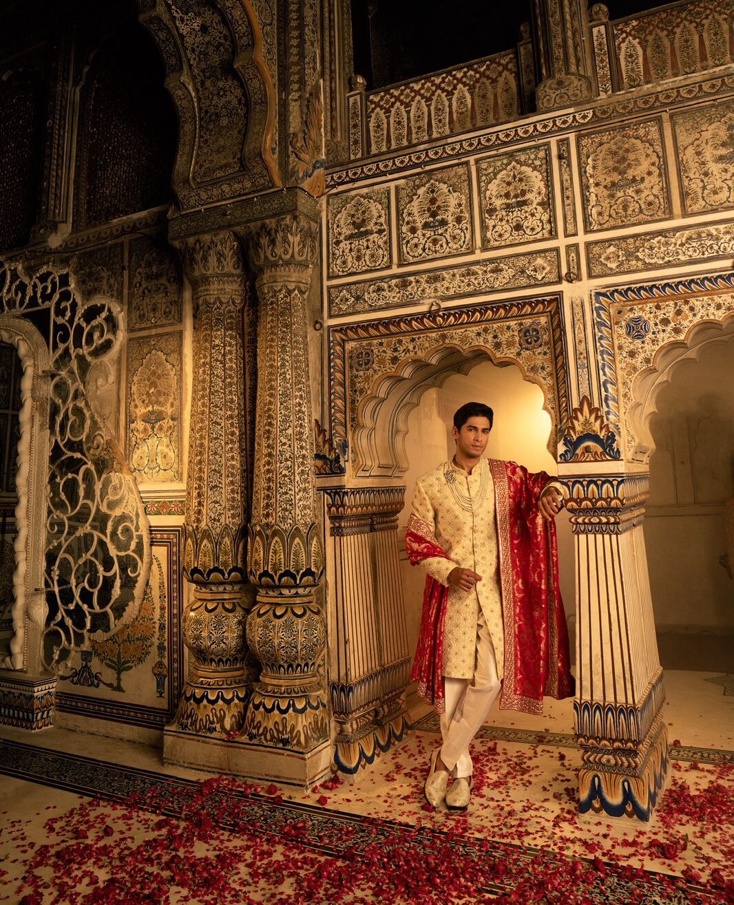 Ivory Pure Munga Silk Red Thread Embroidered Sherwani Set