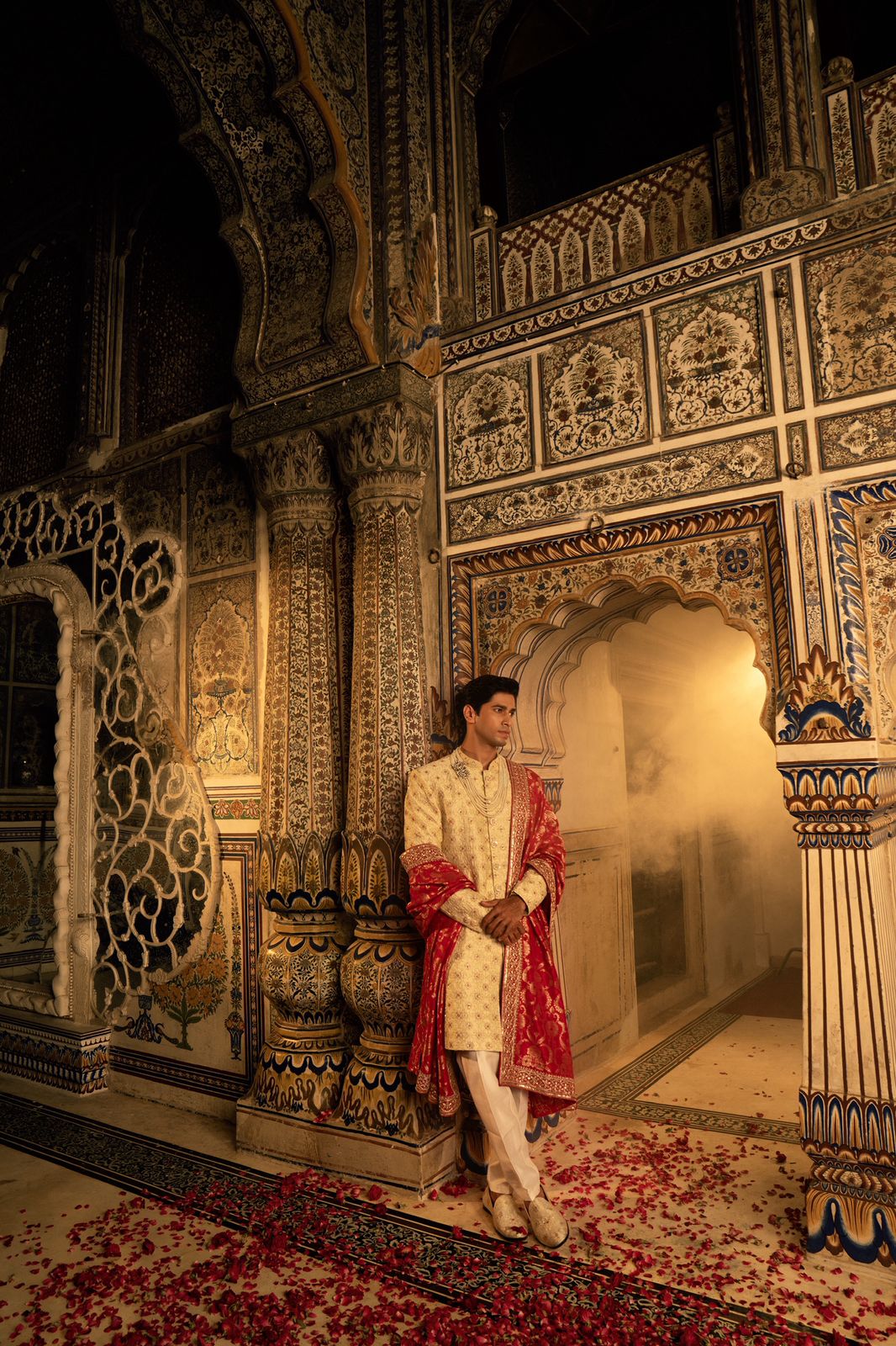 Ivory Pure Munga Silk Red Thread Embroidered Sherwani Set