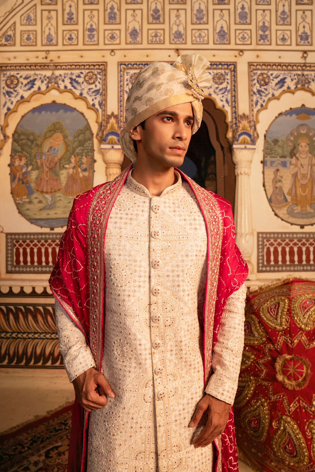 Royal White Sherwani with Red Moti Embroidery