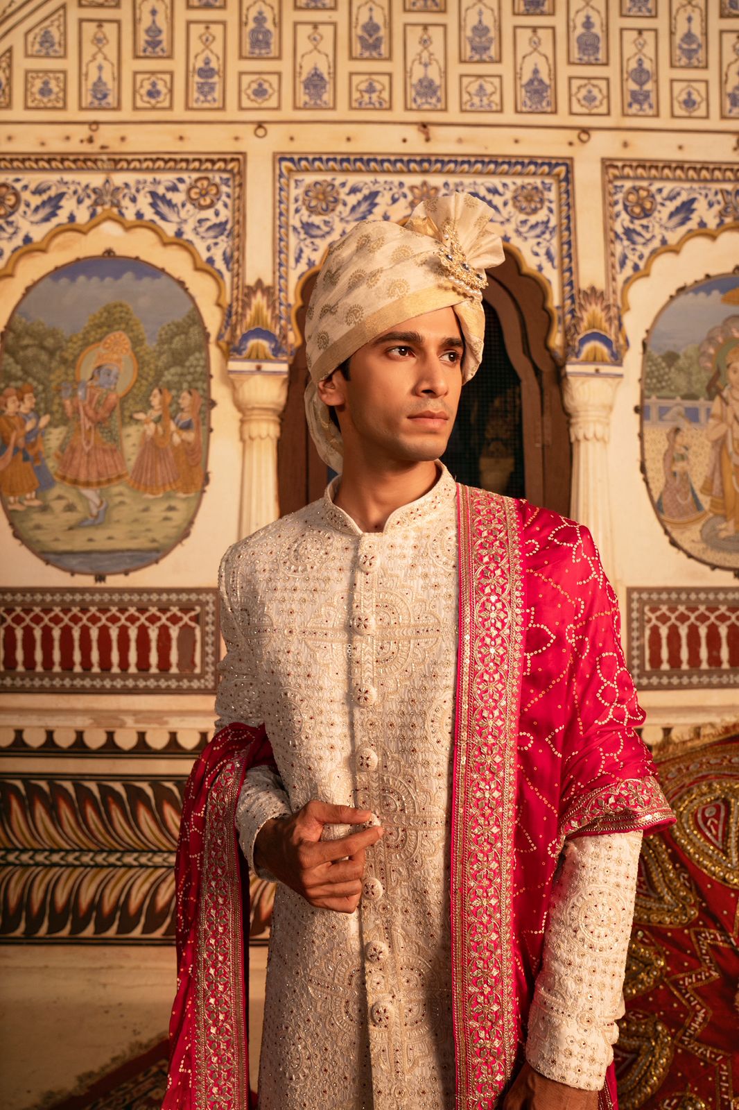 Royal White Sherwani with Red Moti Embroidery