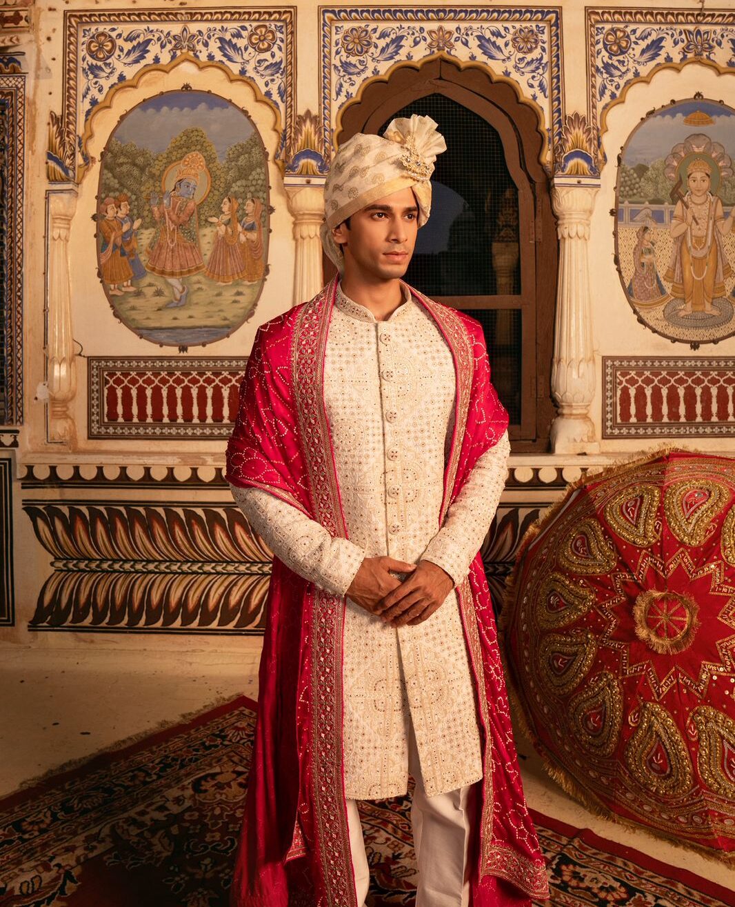 Royal White Sherwani with Red Moti Embroidery