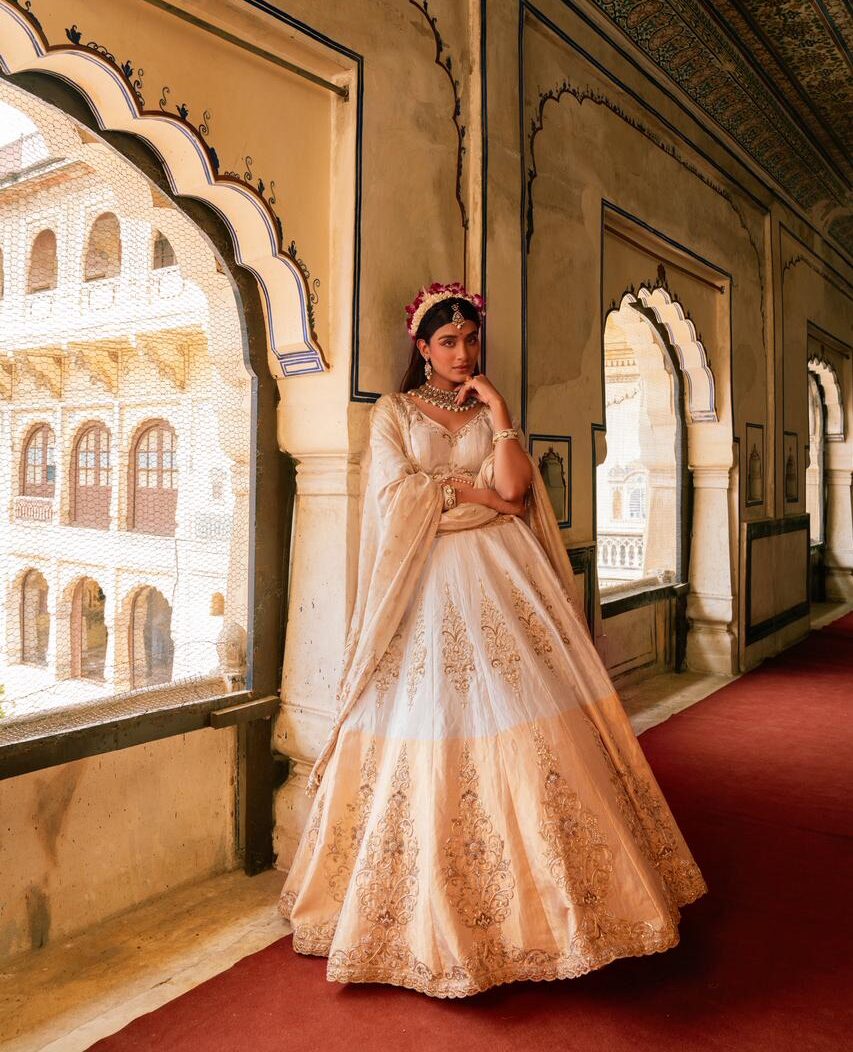 Ivory Gold Handcrafted Tissue Bridal Lehenga Set