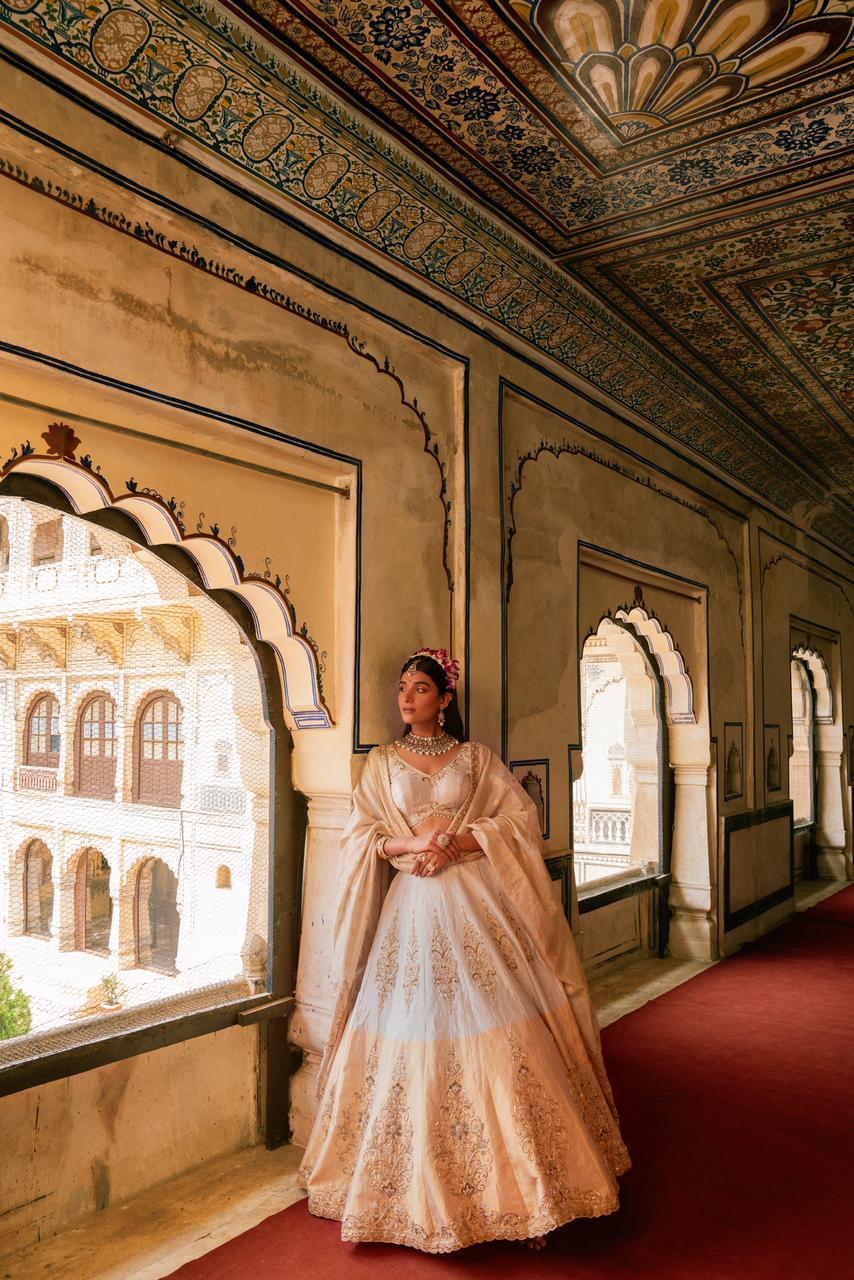 Ivory Gold Handcrafted Tissue Bridal Lehenga Set
