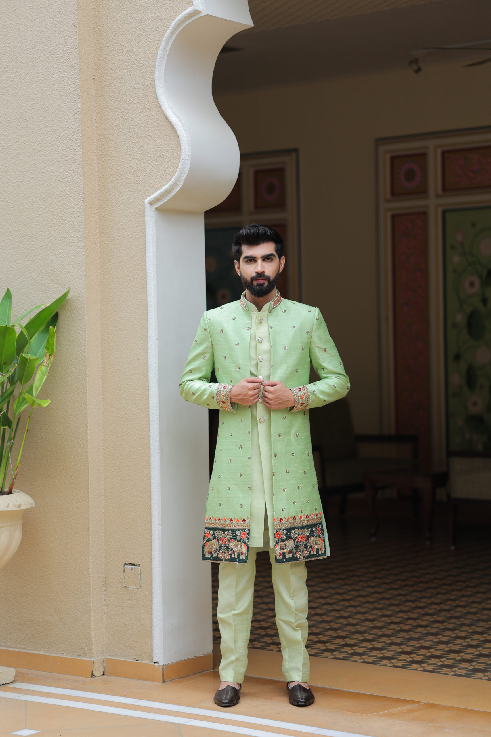Serenity in Mint: Raw Silk Sherwani
