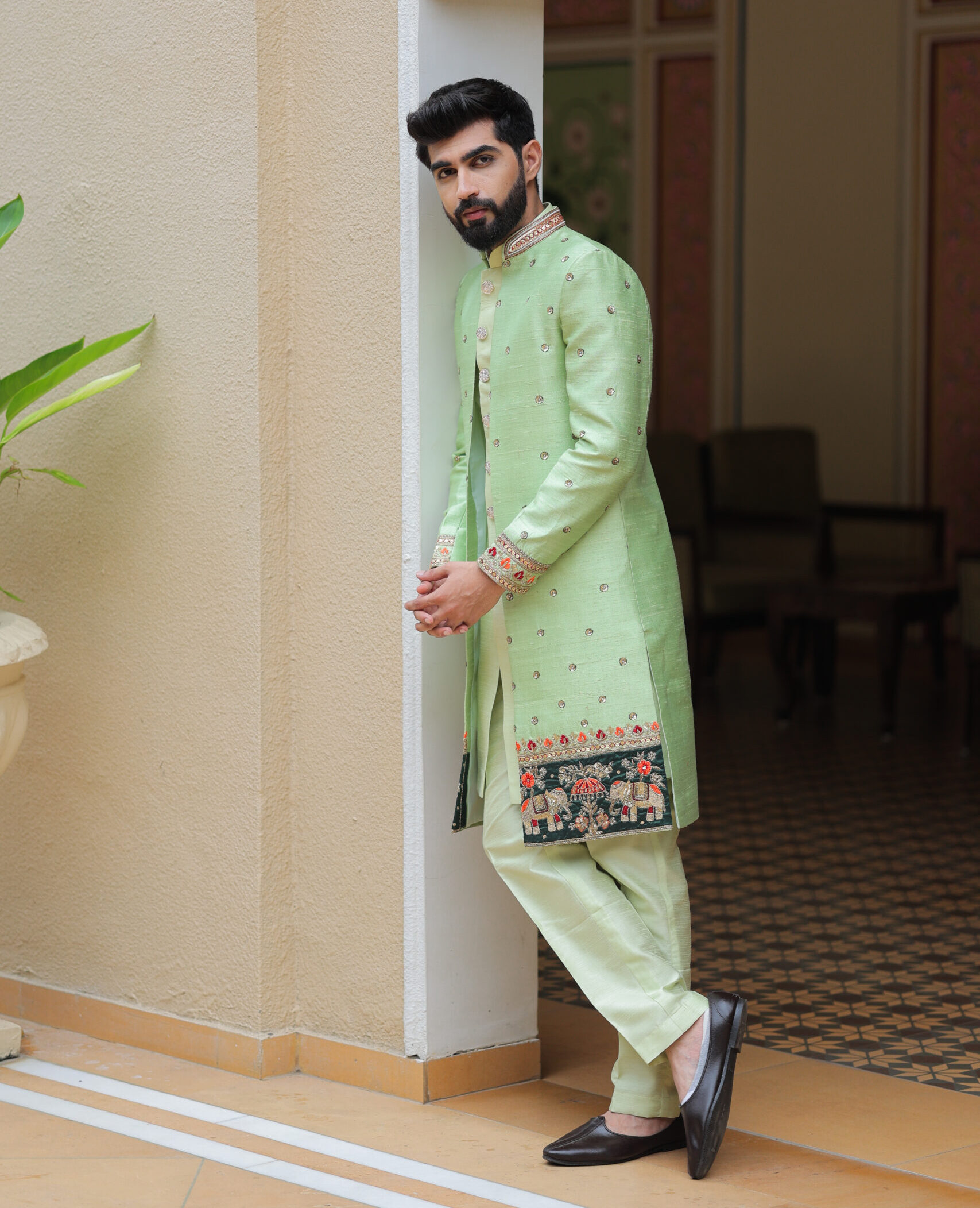 Serenity in Mint: Raw Silk Sherwani