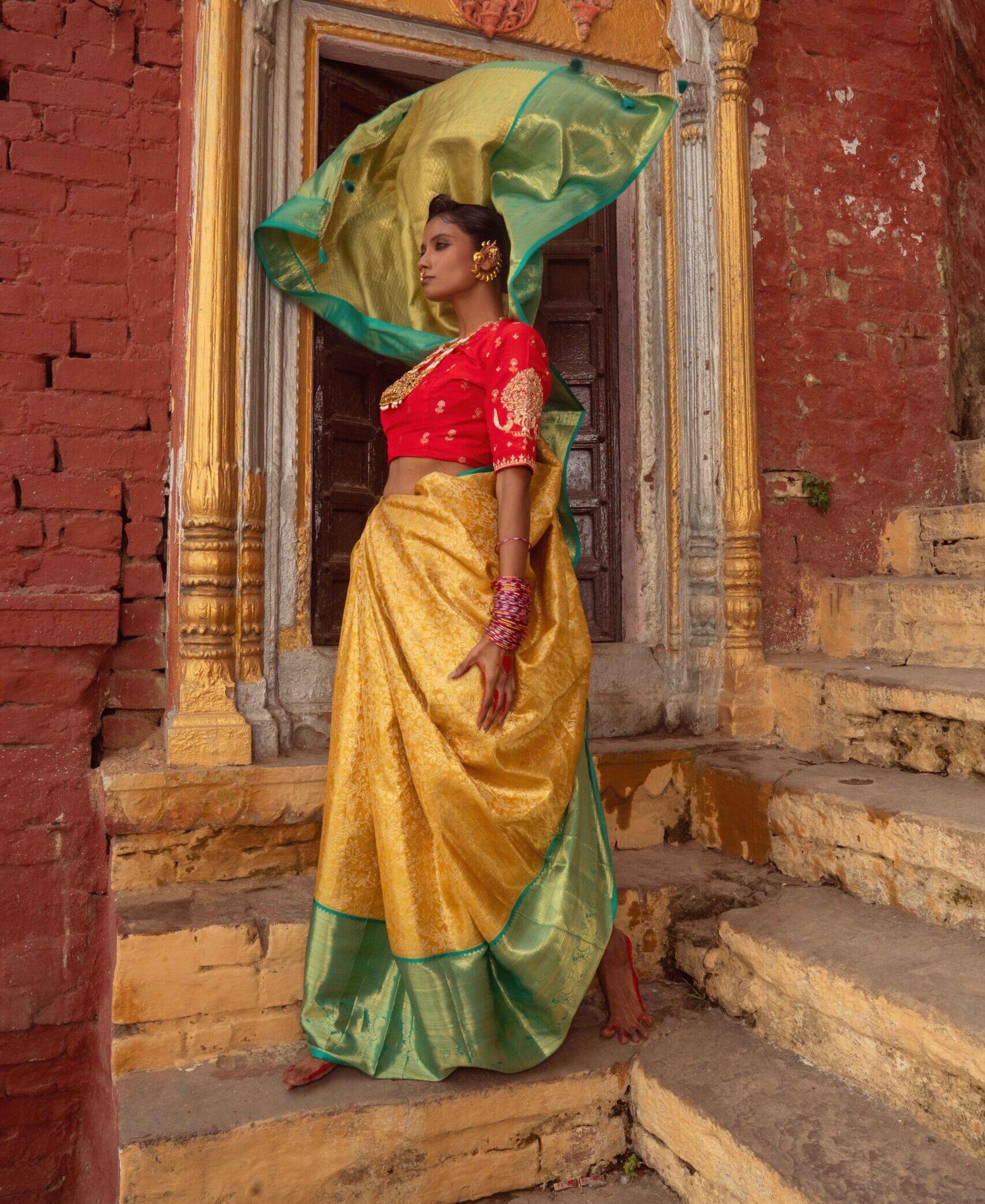 Mustard & Green Pure Kanjeevaram Silk Saree