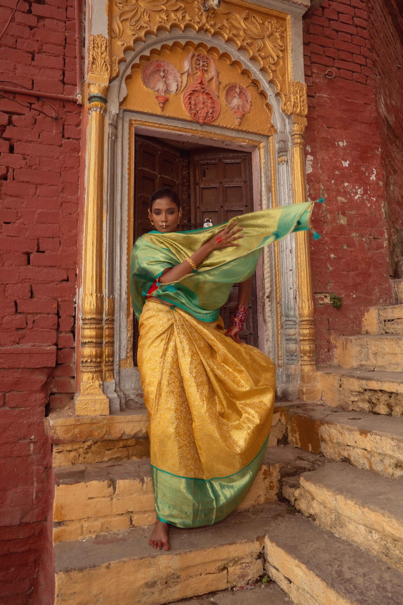 Mustard & Green Pure Kanjeevaram Silk Saree