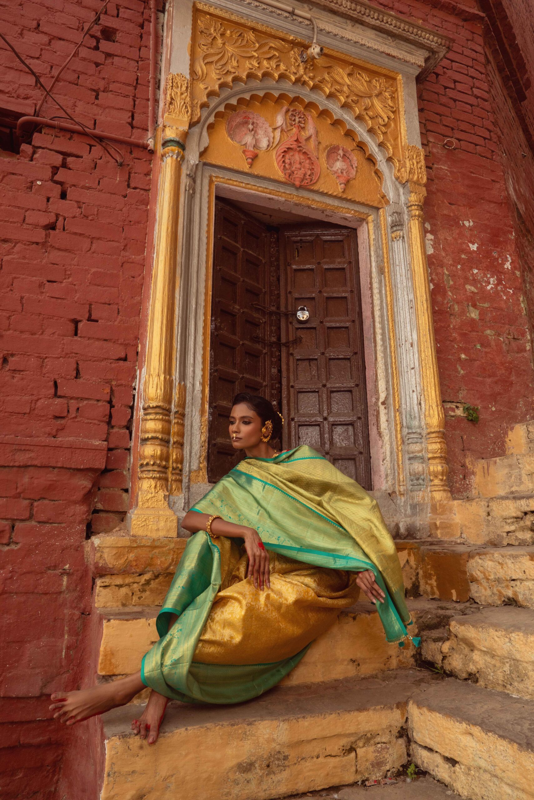 Mustard & Green Pure Kanjeevaram Silk Saree