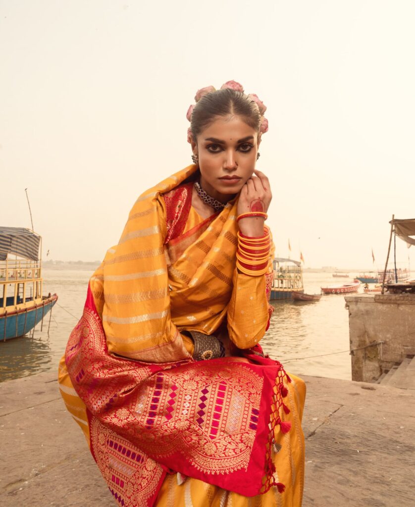 Yellow & Red Pure Banarasi Silk Saree