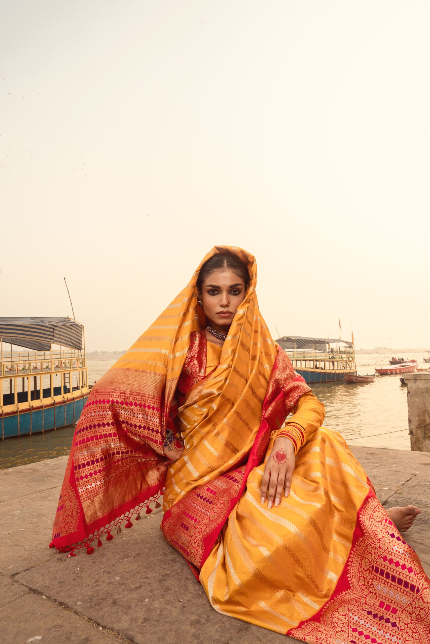 Yellow & Red Pure Banarasi Silk Saree
