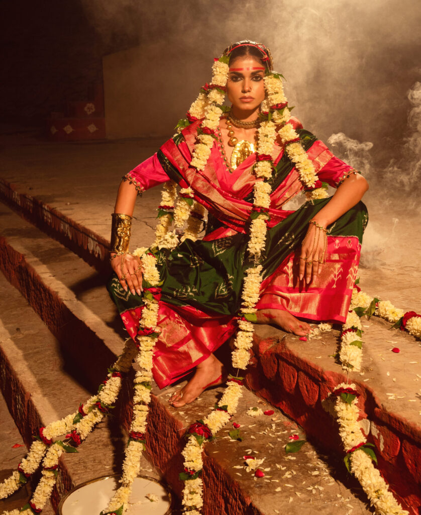 Pink & Green Pure Ekkat Silk Saree